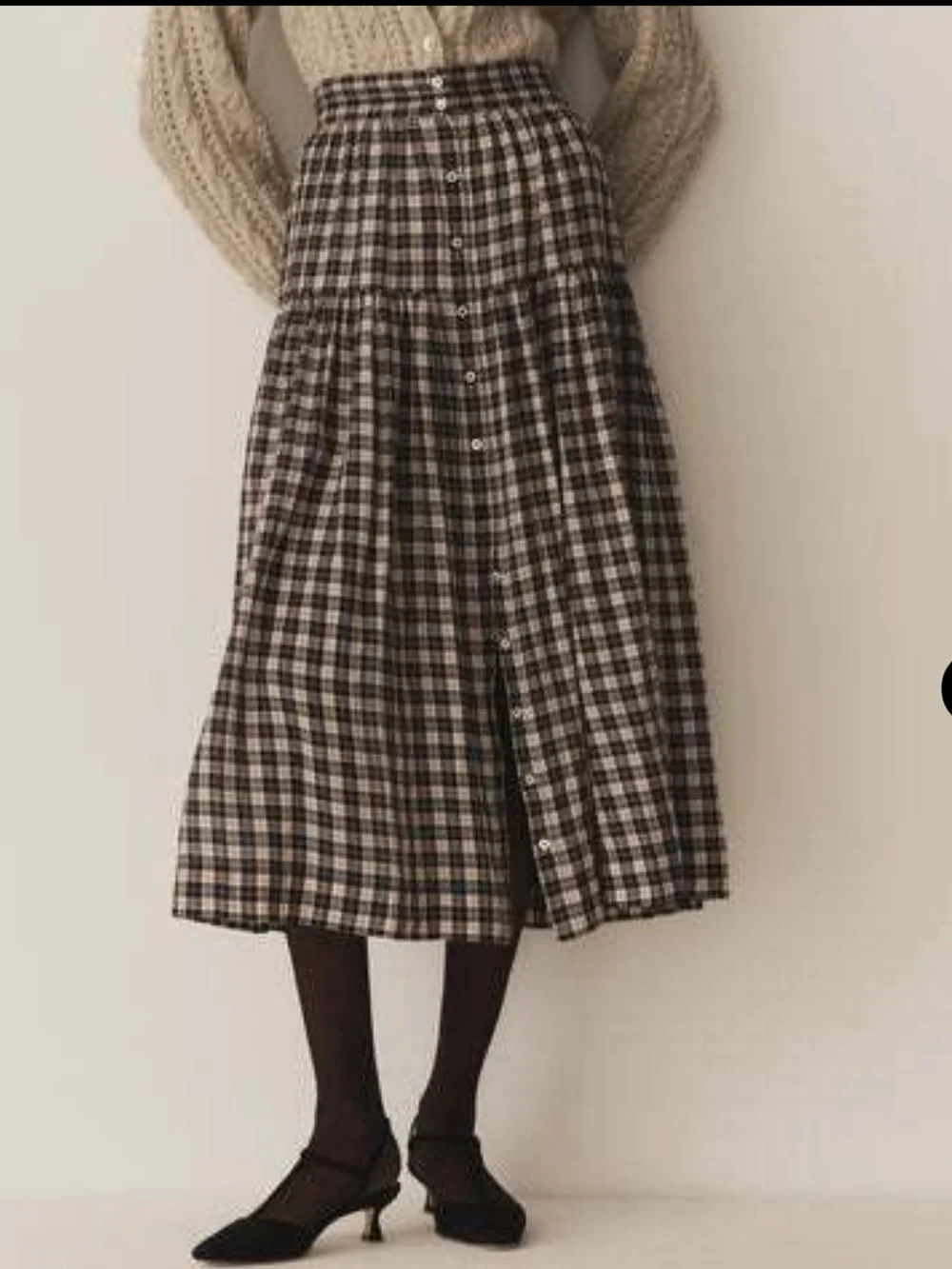 Doen Fabienne Skirt Plaid Button-Front Midi Skirt, L